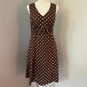 Boden Brown Polka Dot Dress V-Neck Sleeveless Ruched Waist Casual Womens‎ 6R